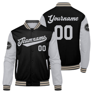 Chaqueta universitaria personalizada estilo Letterman para hombres-mujeres y jóvenes en color gris-negro y crema
