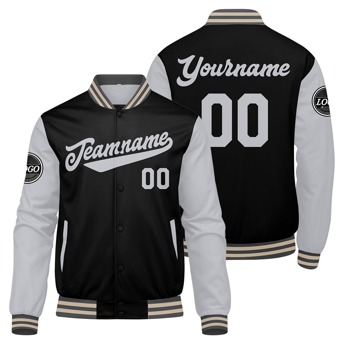 Chaqueta universitaria personalizada estilo Letterman para hombres-mujeres y jóvenes en color gris-negro y crema