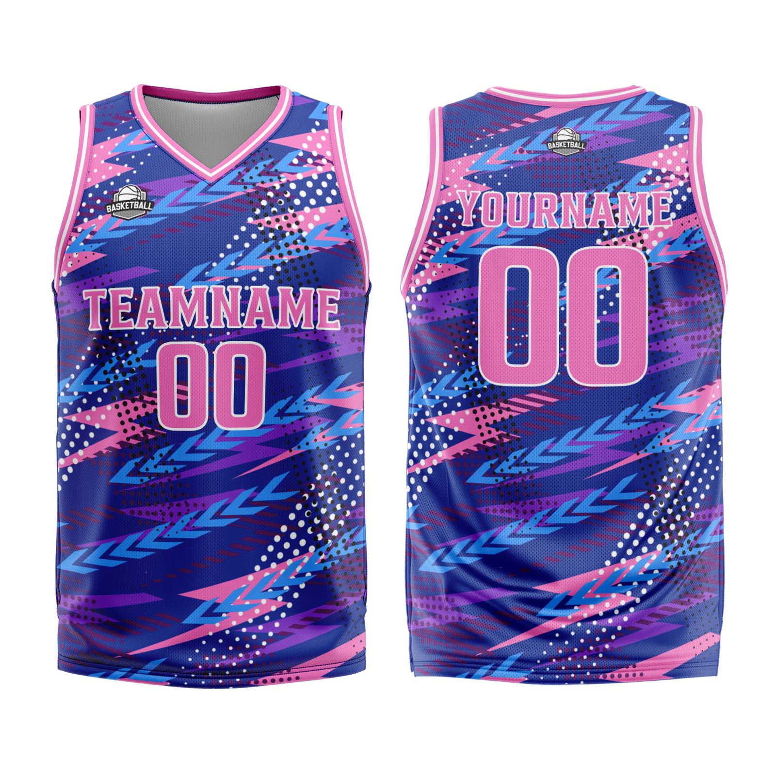 Uniforme de baloncesto personalizado rosa y morado con tu logotipo-nombre y número impresos