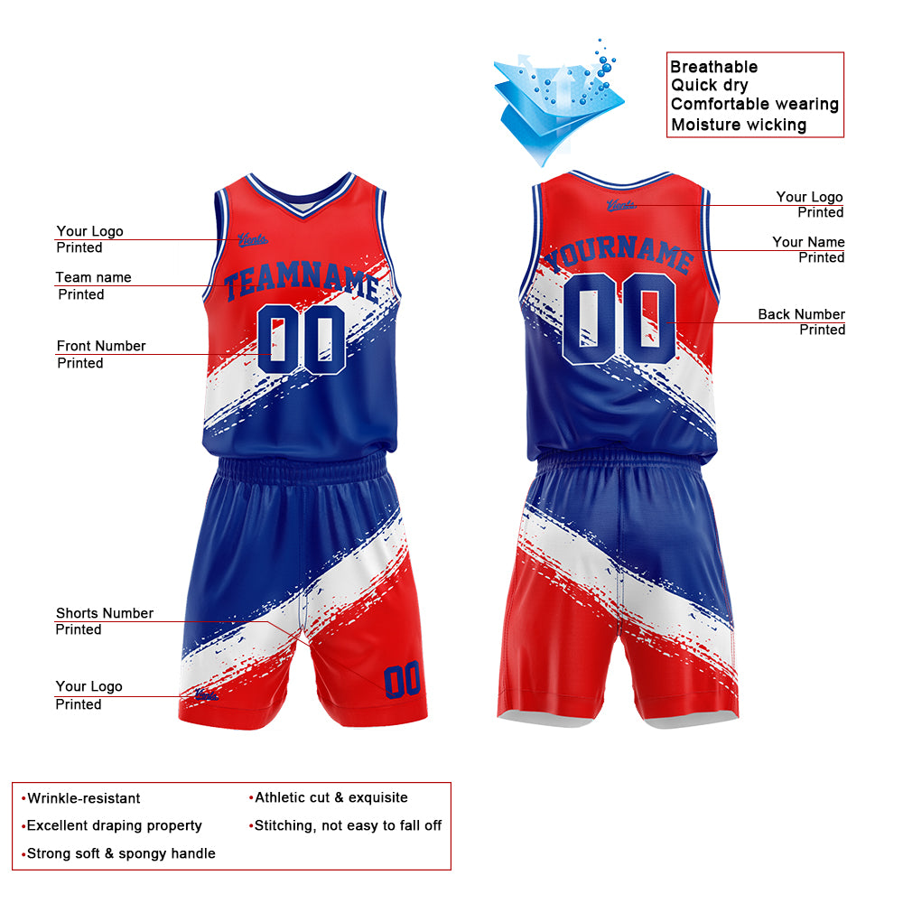 Uniforme de baloncesto personalizado rojo-blanco y azul con tu logotipo-nombre y número impresos