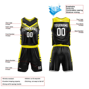 Uniforme de baloncesto personalizado negro y amarillo con tu logotipo-nombre y número impresos