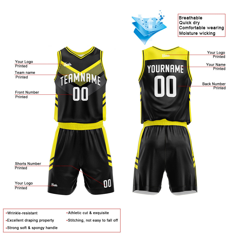 Uniforme de baloncesto personalizado negro y amarillo con tu logotipo-nombre y número impresos