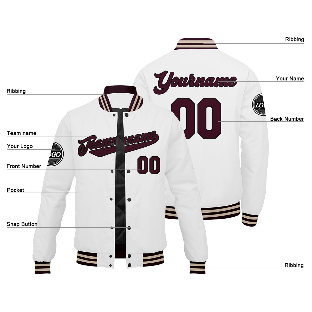 Chaqueta universitaria personalizada estilo Letterman para hombres-mujeres y jóvenes-color granate y blanco