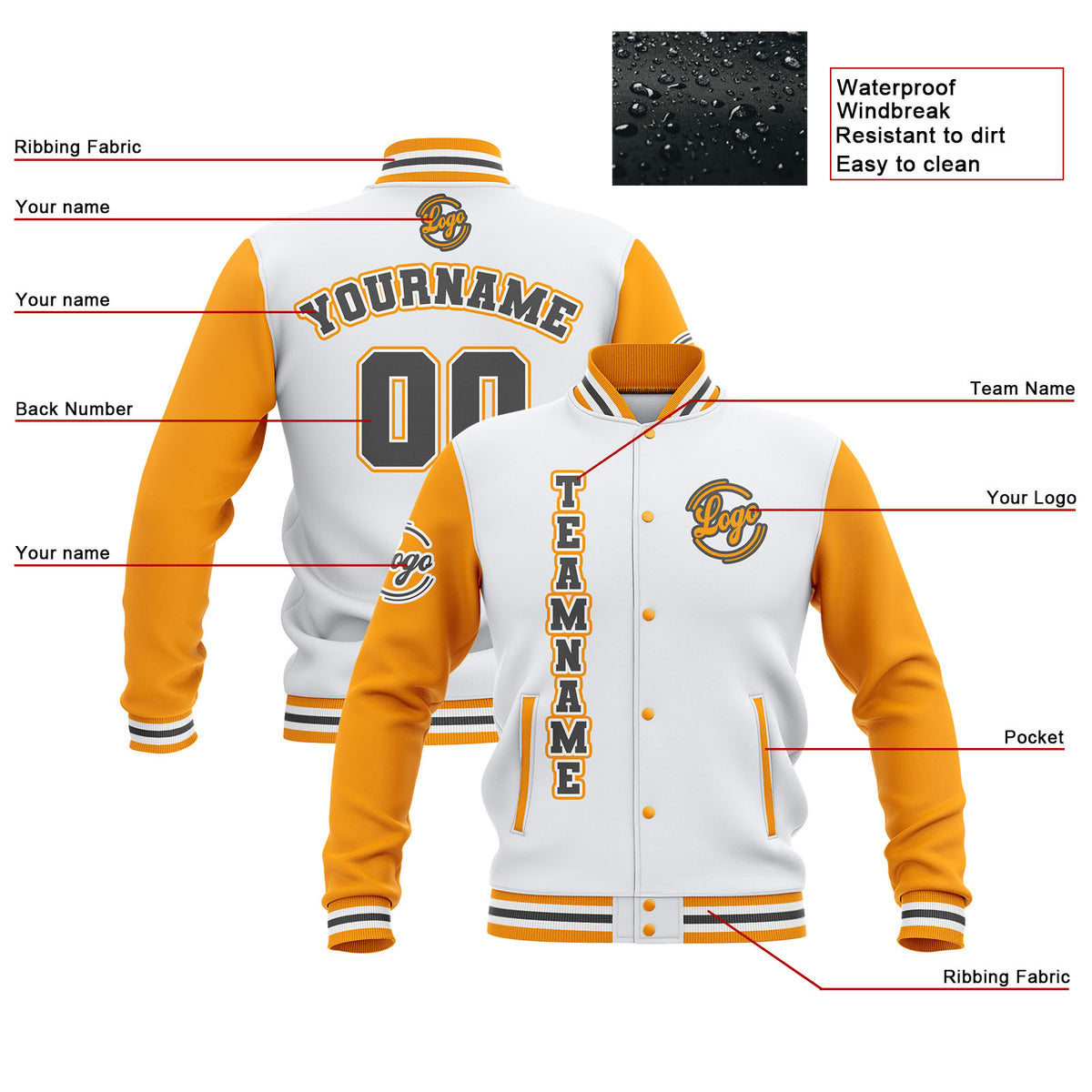 Chaquetas universitarias impermeables personalizadas en blanco-amarillo y gris con nombre-número y logotipo bordados