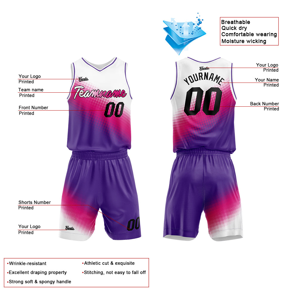 Uniforme de baloncesto personalizado en blanco-rosa fucsia y morado-con tu logotipo-nombre y número impresos