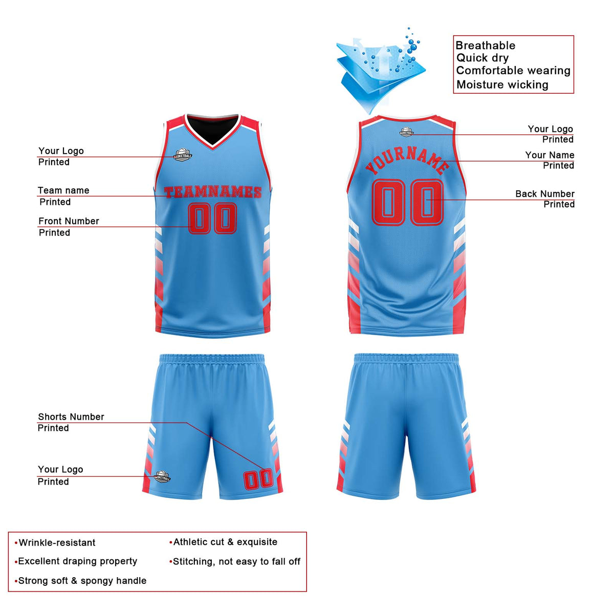 Traje de baloncesto reversible azul marino y rojo personalizado para adultos y niños