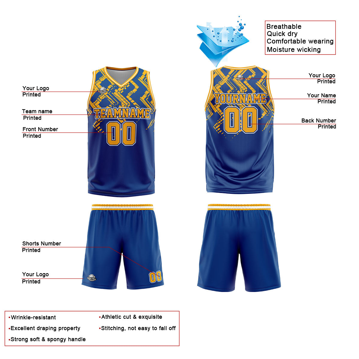 Uniforme de baloncesto personalizado azul y naranja con tu logotipo-nombre y número impresos