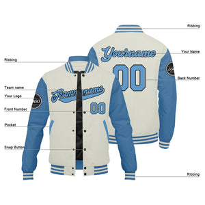 Chaqueta universitaria personalizada estilo Letterman para hombres-mujeres y jóvenes-color azul claro y crema