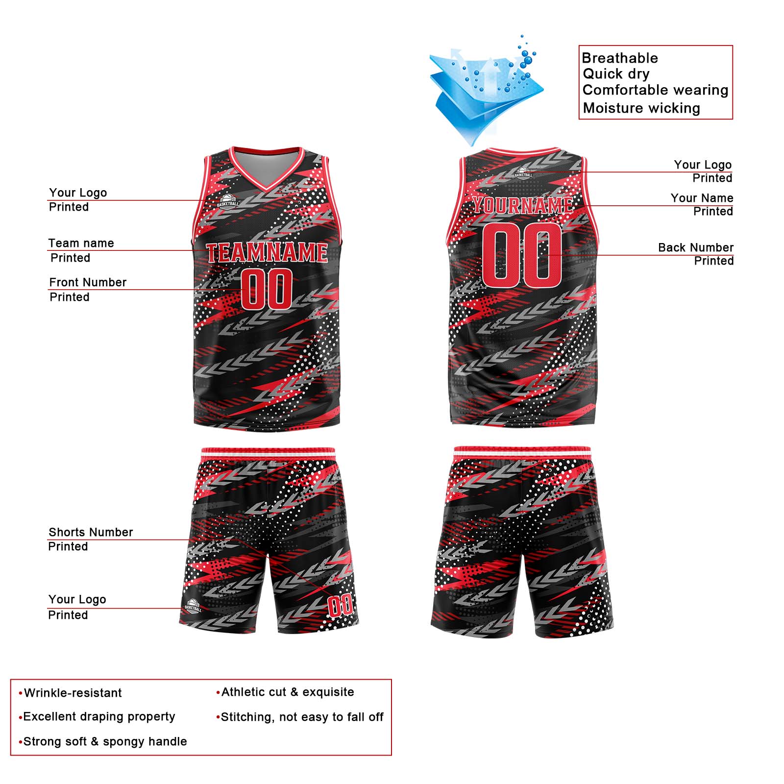 Uniforme de baloncesto personalizado en negro y rojo con tu logotipo-nombre y número impresos