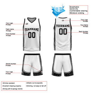 Uniforme de baloncesto personalizado blanco y negro con tu logotipo-nombre y número impresos