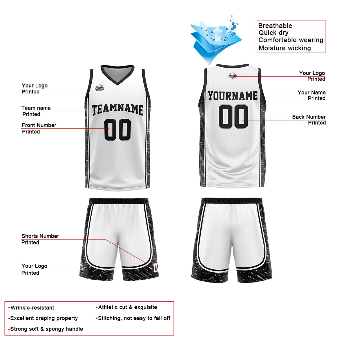 Uniforme de baloncesto personalizado blanco y negro con tu logotipo-nombre y número impresos