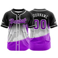 Camiseta de béisbol personalizada negra y morada con botones para hombre mujer adulto y joven con nombre número y logotipo impresos