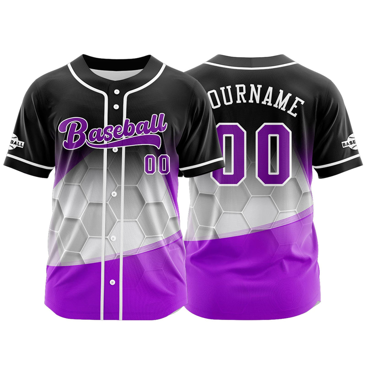Camiseta de béisbol personalizada negra y morada con botones para hombre mujer adulto y joven con nombre número y logotipo impresos