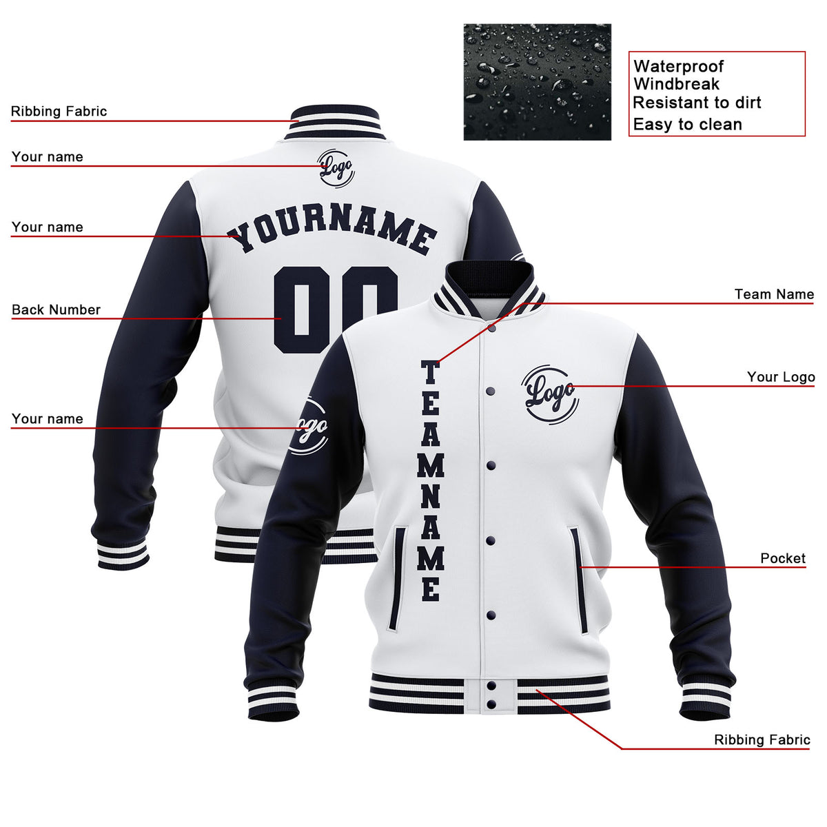 Chaquetas universitarias impermeables blancas y azul marino personalizadas con nombre-número y logotipo bordados a medida