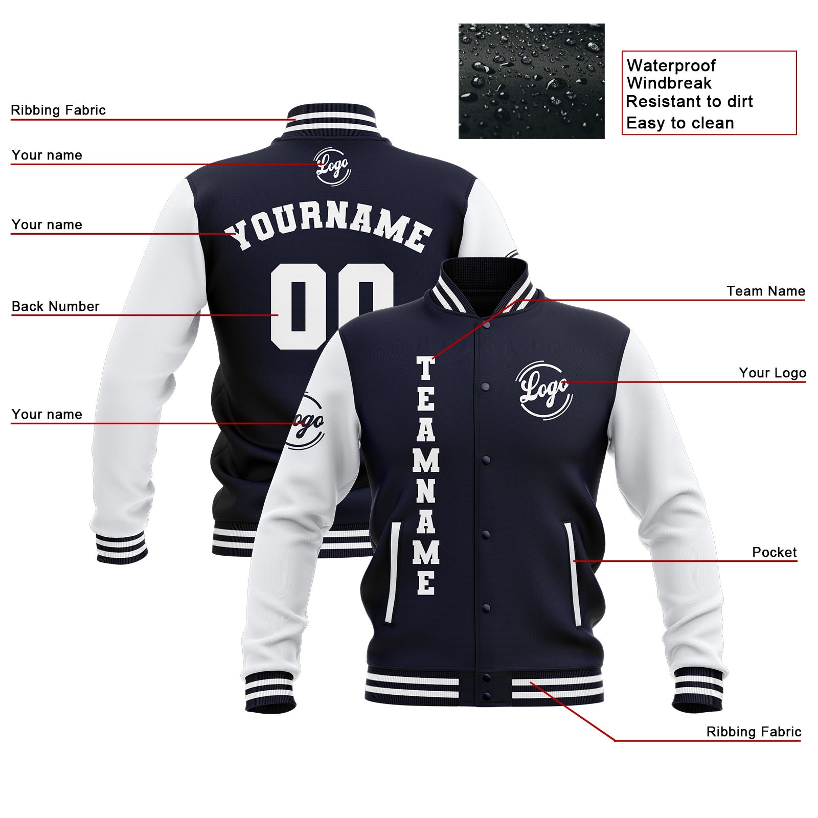 Chaquetas universitarias impermeables personalizadas en azul marino y blanco con nombre-número y logotipo bordados a medida