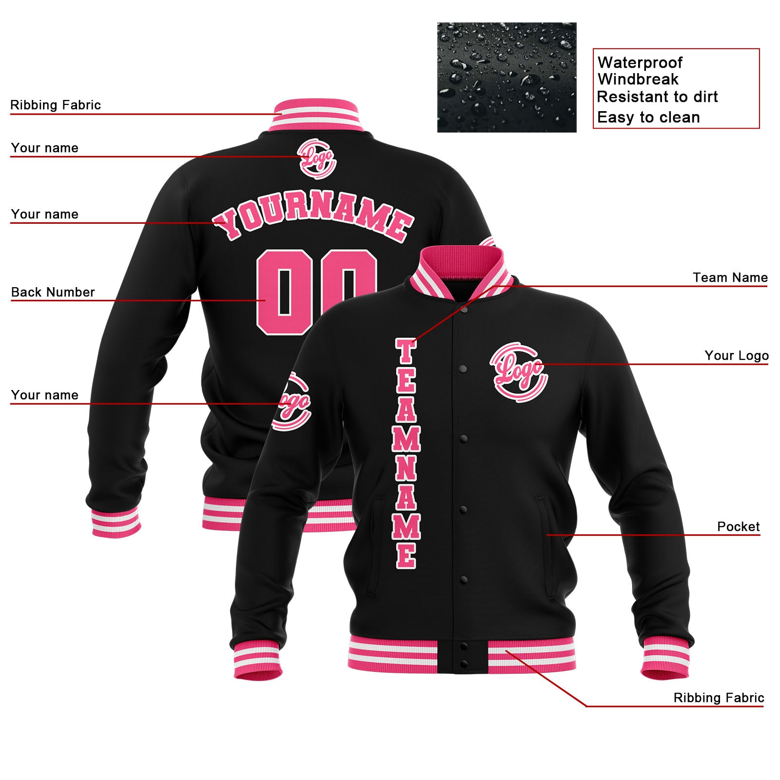 Chaquetas universitarias impermeables personalizadas en negro-rosa y blanco con nombre-número y logotipo bordados