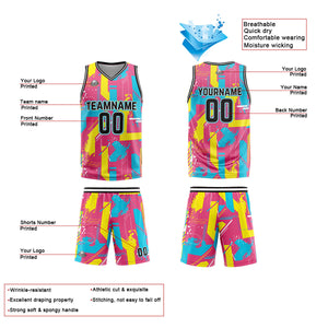 Uniforme de baloncesto rosa y amarillo con diseño geométrico personalizado-estampado con tu logotipo-nombre y número