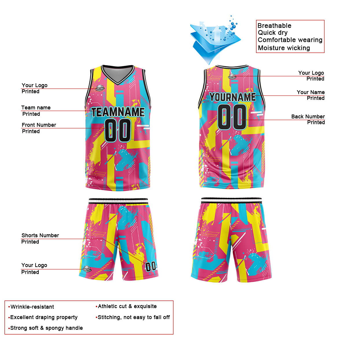 Uniforme de baloncesto rosa y amarillo con diseño geométrico personalizado-estampado con tu logotipo-nombre y número