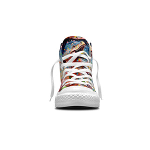 Dino Fusion: Zapatillas unisex de lona de media caña: Adéntrate en un colorido mundo de dinosaurios con vibrantes diseños artísticos y estampados inspirados en puntos para hombres y mujeres