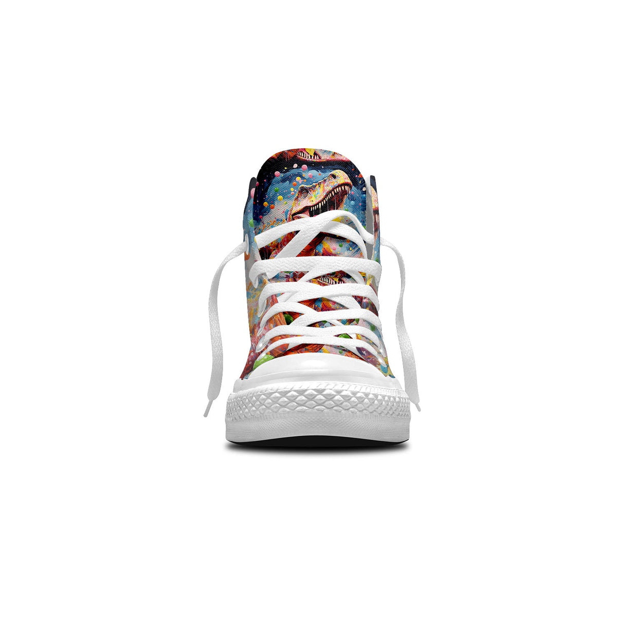 Dino Fusion: Zapatillas unisex de lona de media caña: Adéntrate en un colorido mundo de dinosaurios con vibrantes diseños artísticos y estampados inspirados en puntos para hombres y mujeres