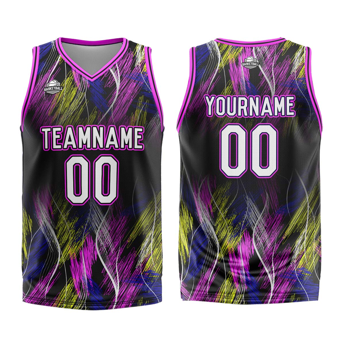 Uniforme de baloncesto personalizado en negro y rosa con tu logotipo-nombre y número impresos
