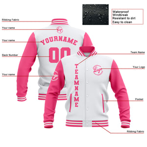 Chaquetas universitarias impermeables blancas y rosas personalizadas con nombre-número y logotipo bordados