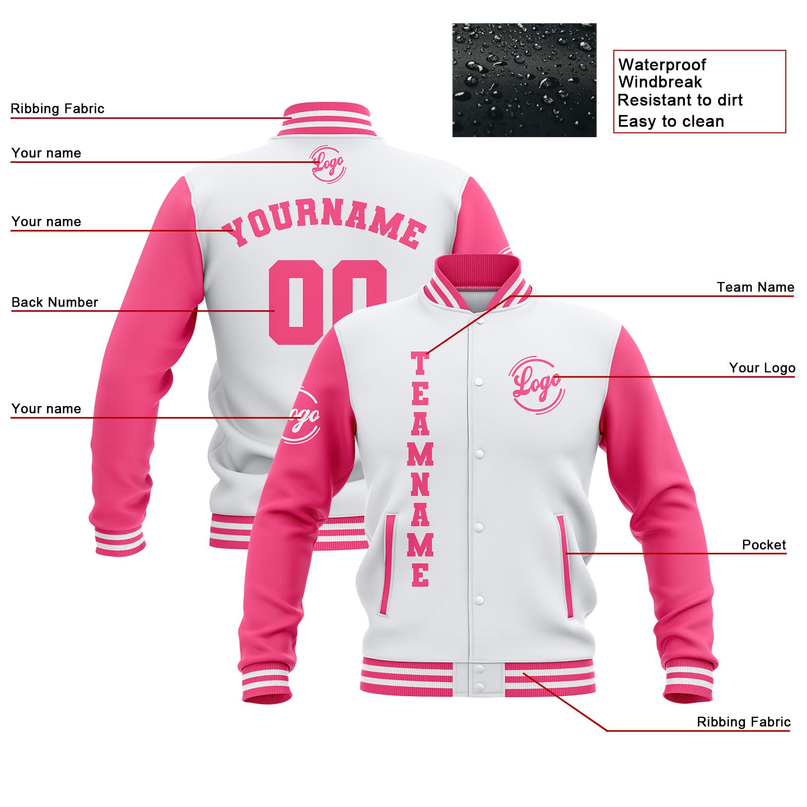 Chaquetas universitarias impermeables blancas y rosas personalizadas con nombre-número y logotipo bordados