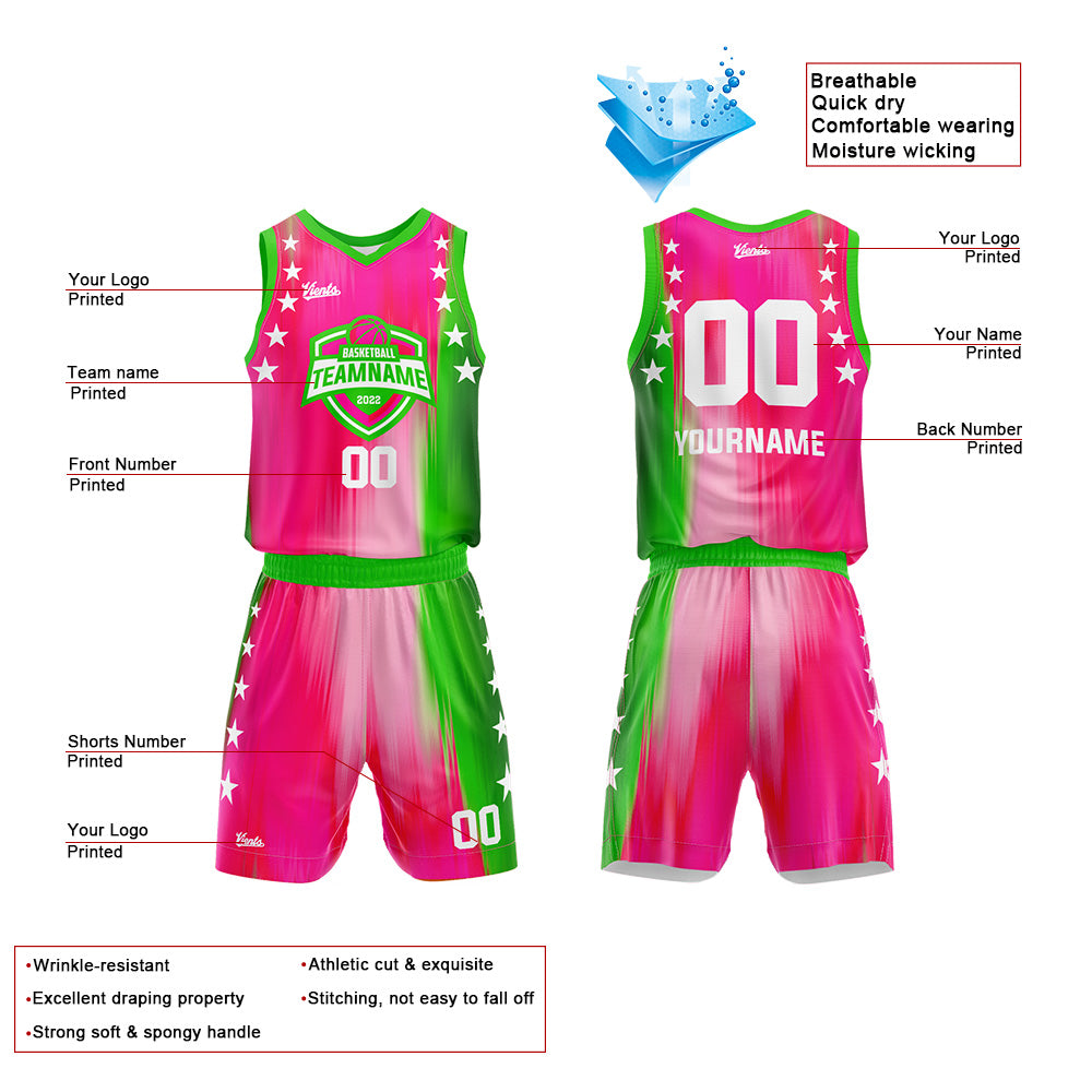 Uniforme de baloncesto personalizado Rainbow Rose Green con tu logotipo-nombre y número impresos