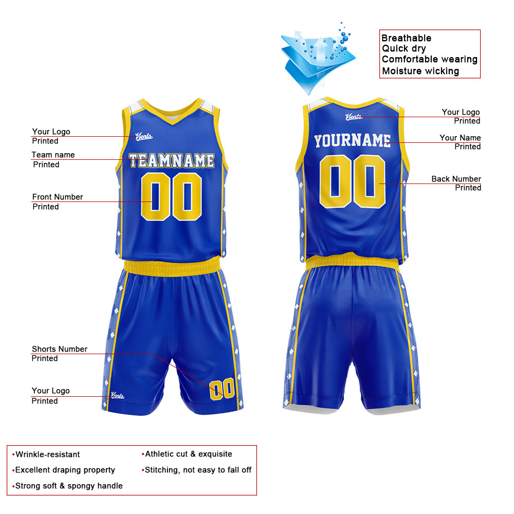 Uniforme de baloncesto personalizado color amarillo real con tu logotipo-nombre y número impresos