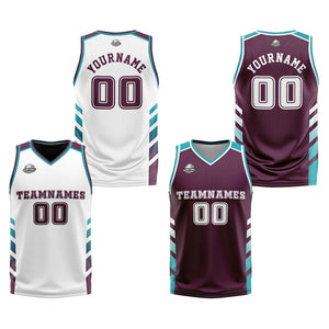 Traje de baloncesto reversible personalizado blanco granate y verde azulado para adultos y niños
