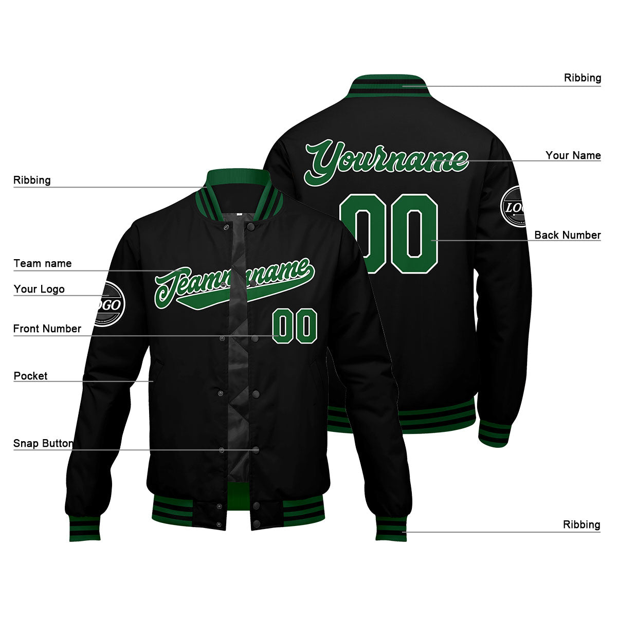 Chaqueta universitaria personalizada estilo Letterman para hombres-mujeres y jóvenes-color verde y negro