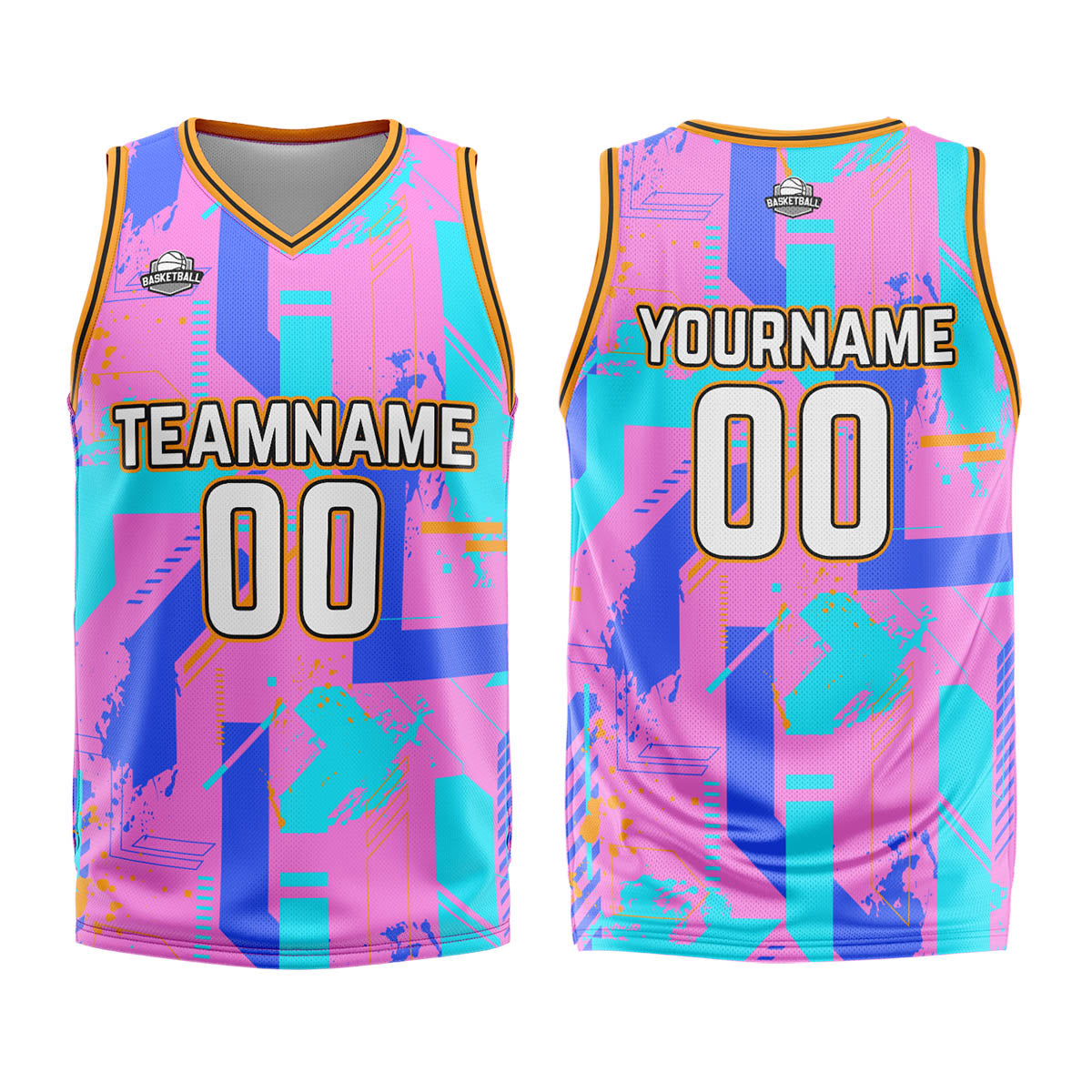 Uniforme de baloncesto rosa y azul con diseño geométrico personalizado-estampado con tu logotipo-nombre y número