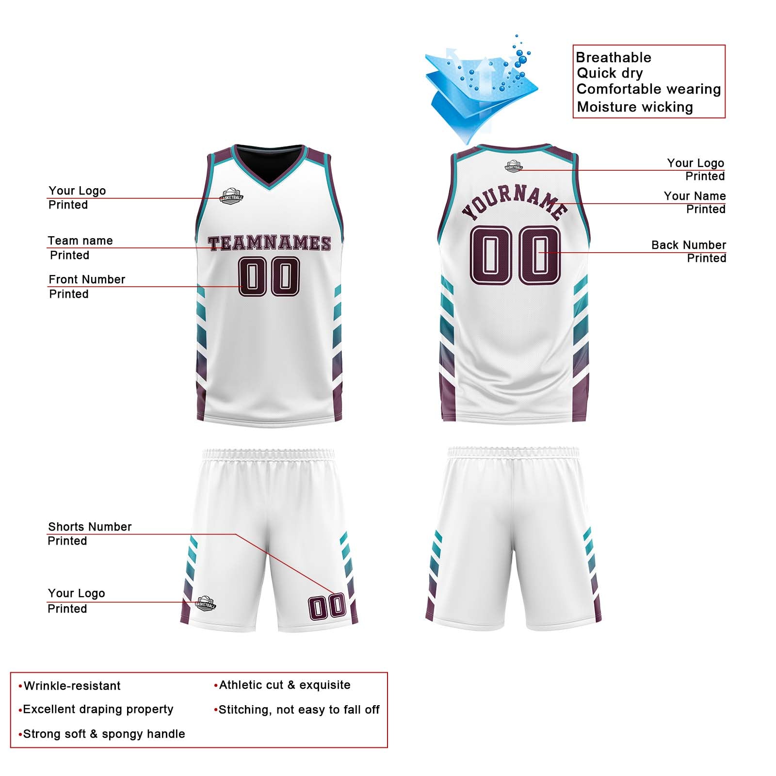 Traje de baloncesto reversible personalizado blanco granate y verde azulado para adultos y niños