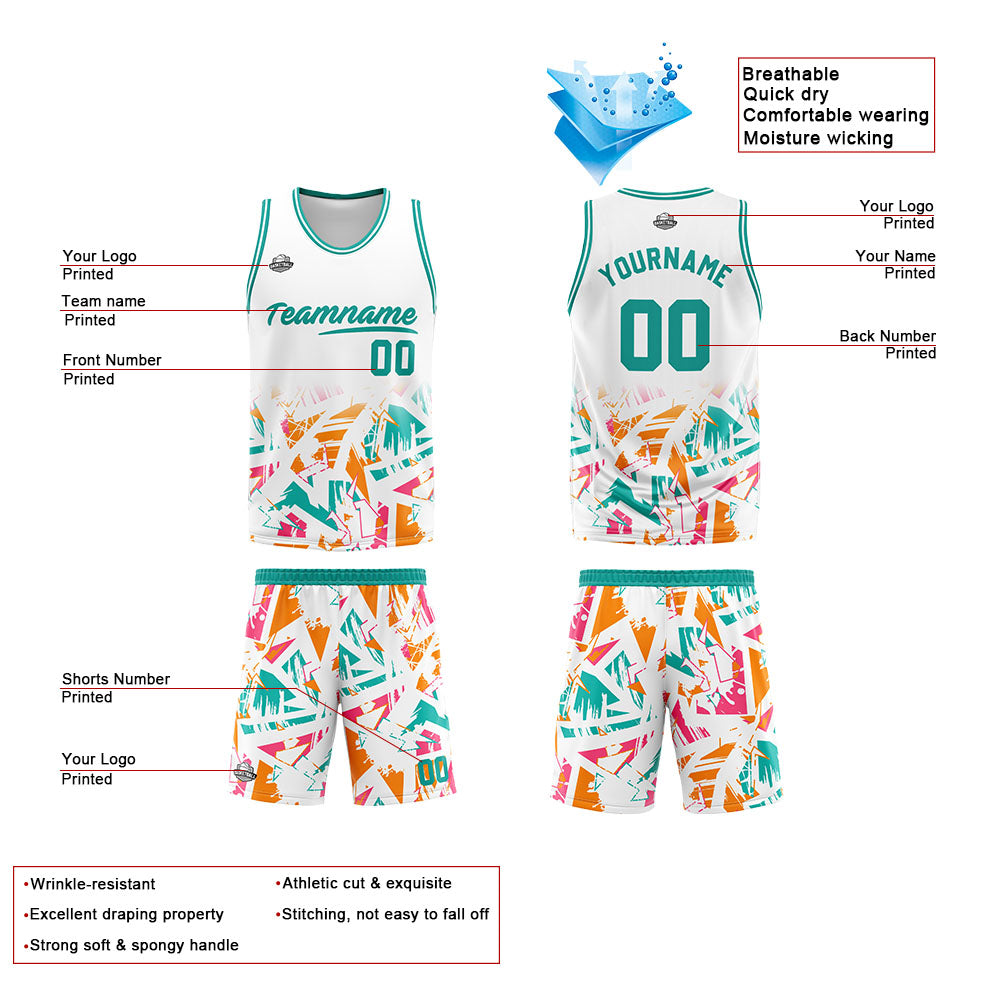 Uniforme de baloncesto personalizado en color blanco aguamarina con tu logotipo-nombre y número impresos