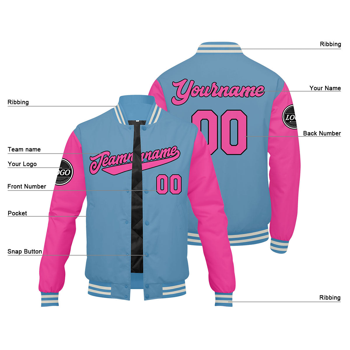 Chaqueta universitaria personalizada estilo Letterman para hombres-mujeres y jóvenes-color rosa
