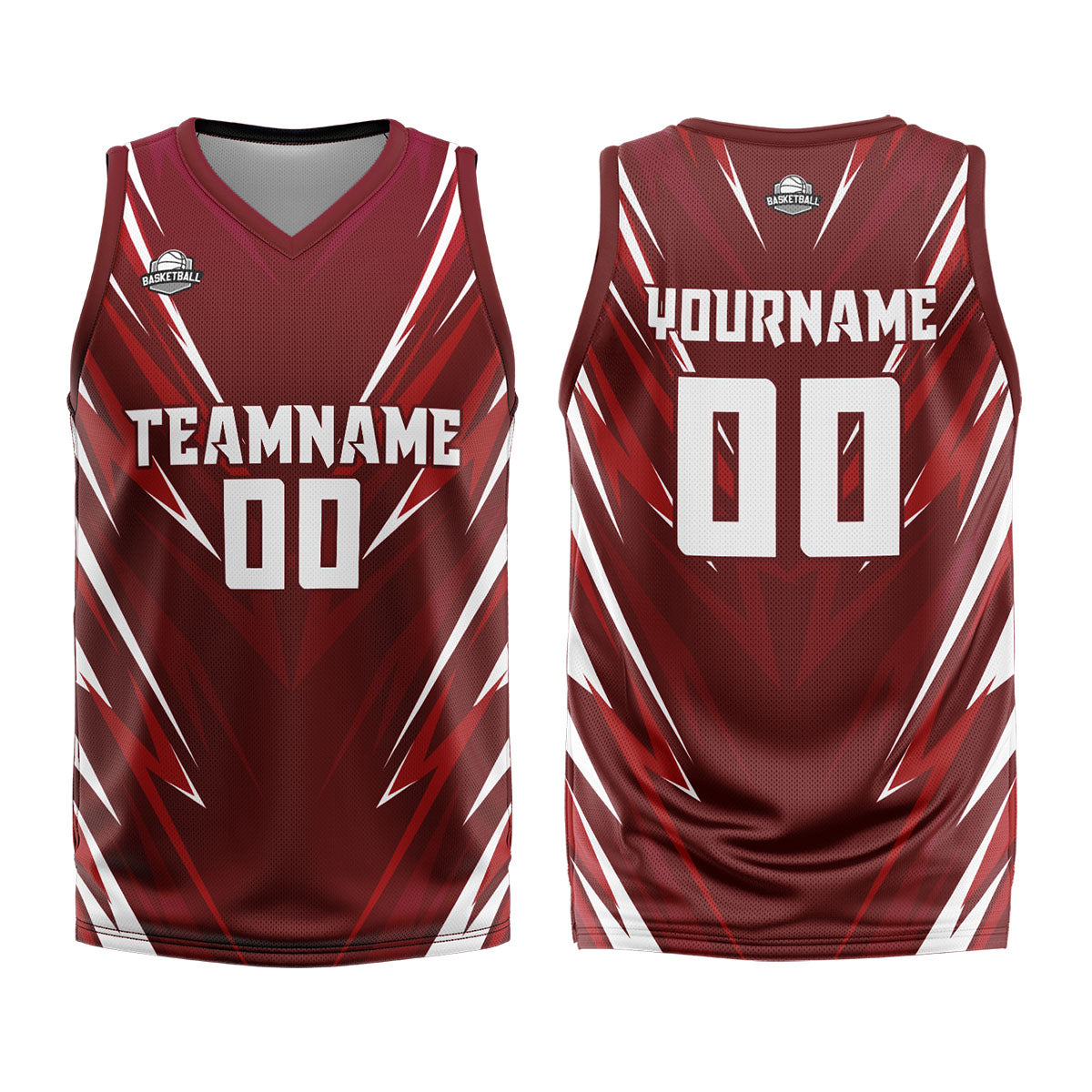Uniforme de baloncesto personalizado con triángulo rojo oscuro y estampado de tu logotipo-nombre y número