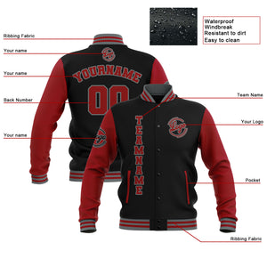 Chaquetas universitarias impermeables personalizadas en negro-rojo y gris con nombre-número y logotipo bordados