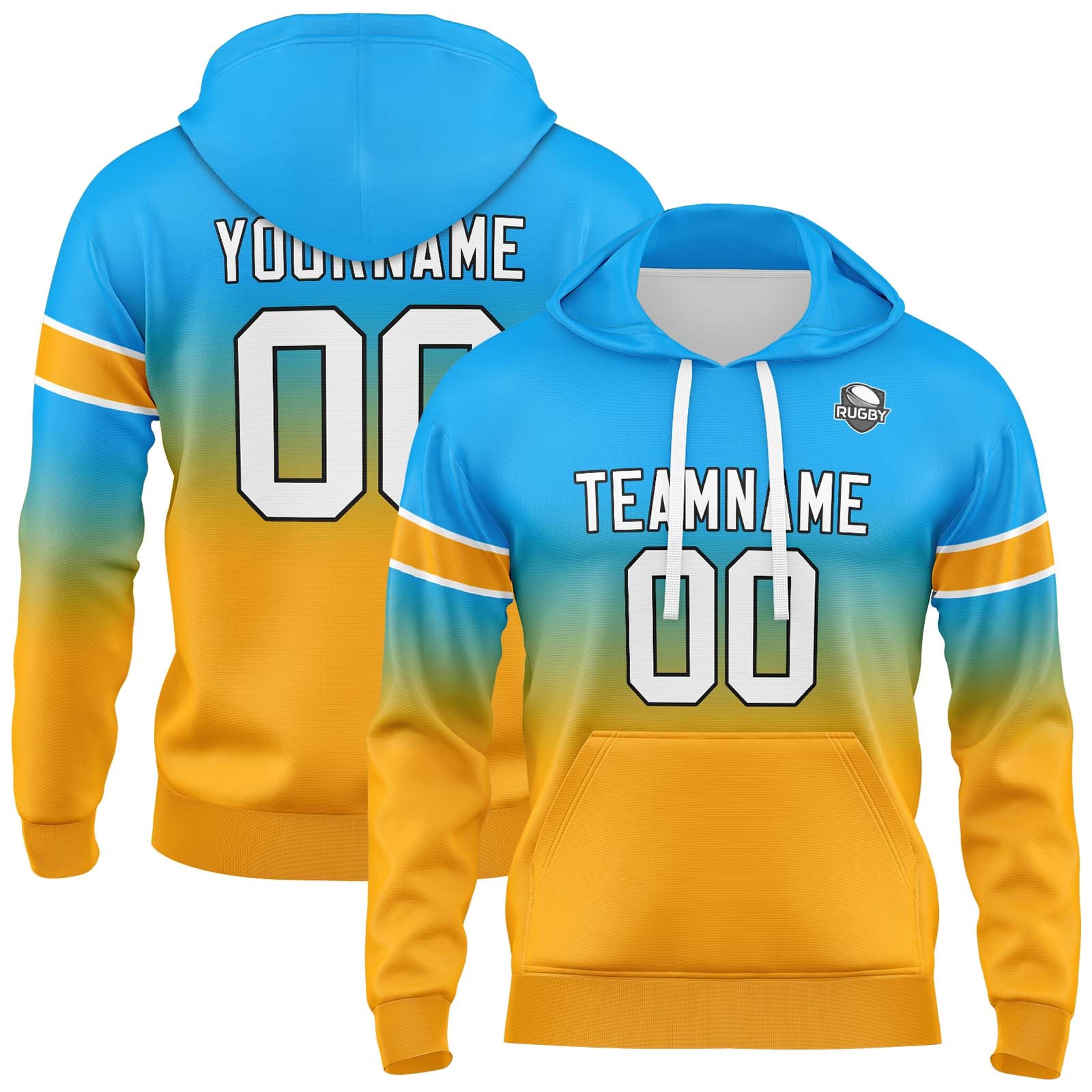 Sudadera con capucha personalizada con degradado para hombre-mujer-niña o niño Estampa tu logotipo-nombre o número Color azul claro y naranja
