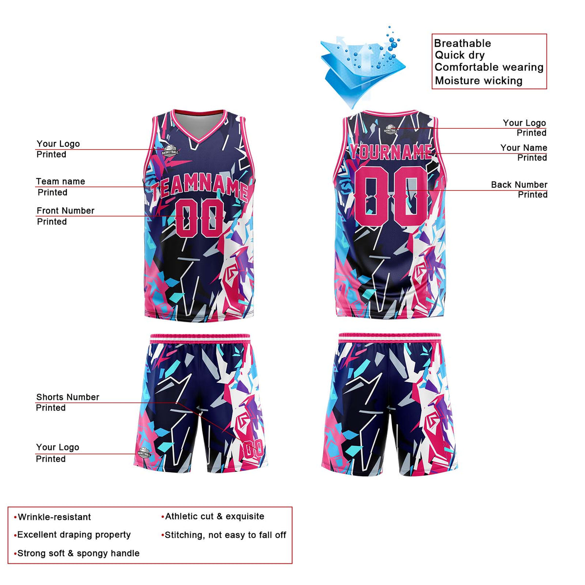 Uniforme de baloncesto personalizado de color rojo roto con tu logotipo-nombre y número impresos