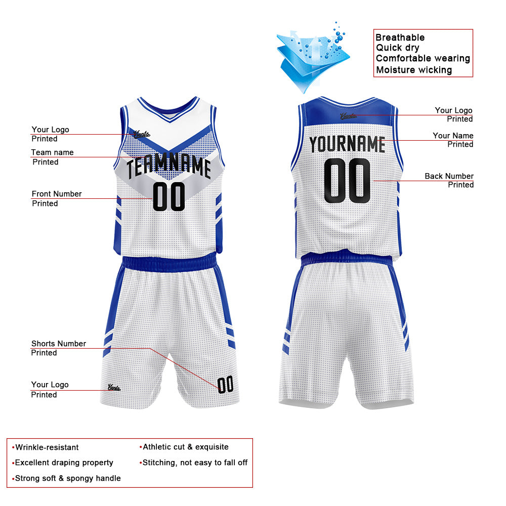 Uniforme de baloncesto personalizado blanco y azul con tu logotipo-nombre y número impresos