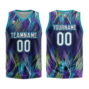Uniforme de baloncesto personalizado morado y azul claro con su logotipo-nombre y número impresos