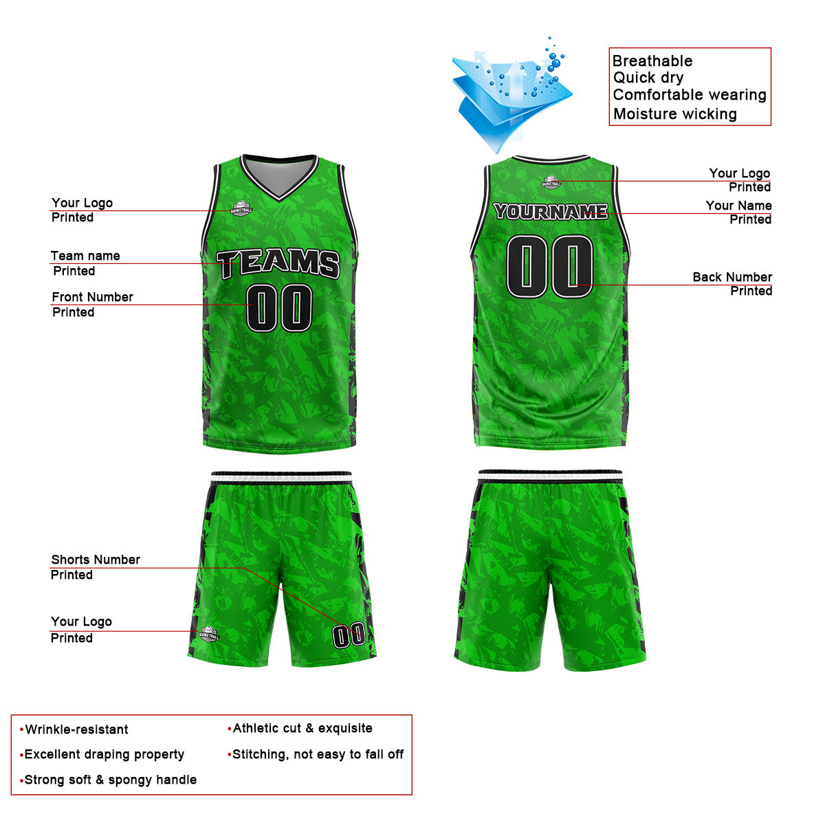 Uniforme de baloncesto personalizado en verde roto y negro con tu logotipo-nombre y número impresos