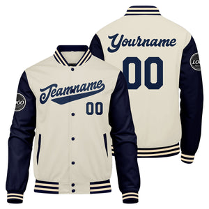Chaqueta universitaria personalizada estilo Letterman para hombres-mujeres y jóvenes-color azul marino y crema