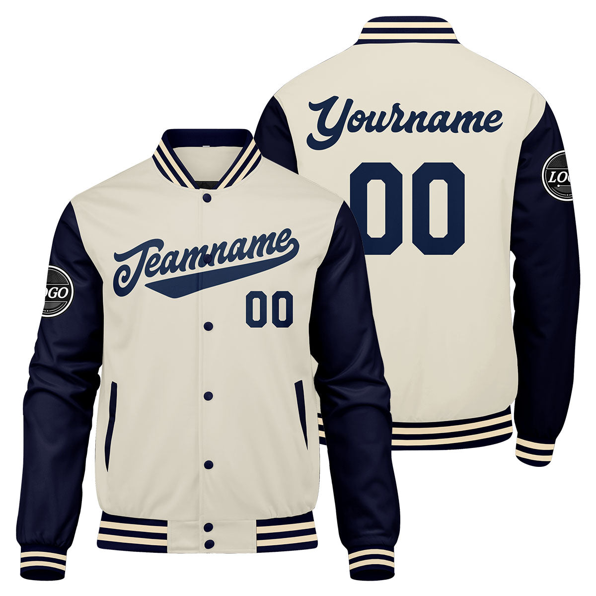 Chaqueta universitaria personalizada estilo Letterman para hombres-mujeres y jóvenes-color azul marino y crema