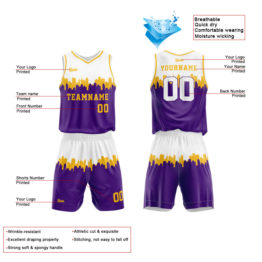 Uniforme de baloncesto personalizado blanco y morado con tu logotipo-nombre y número impresos