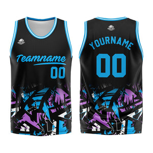 Uniforme de baloncesto personalizado en negro y azul claro con tu logotipo-nombre y número impresos
