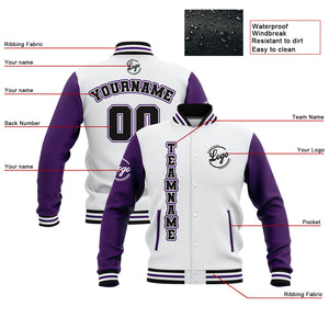 Chaquetas universitarias impermeables personalizadas en blanco-morado y negro con nombre-número y logotipo bordados