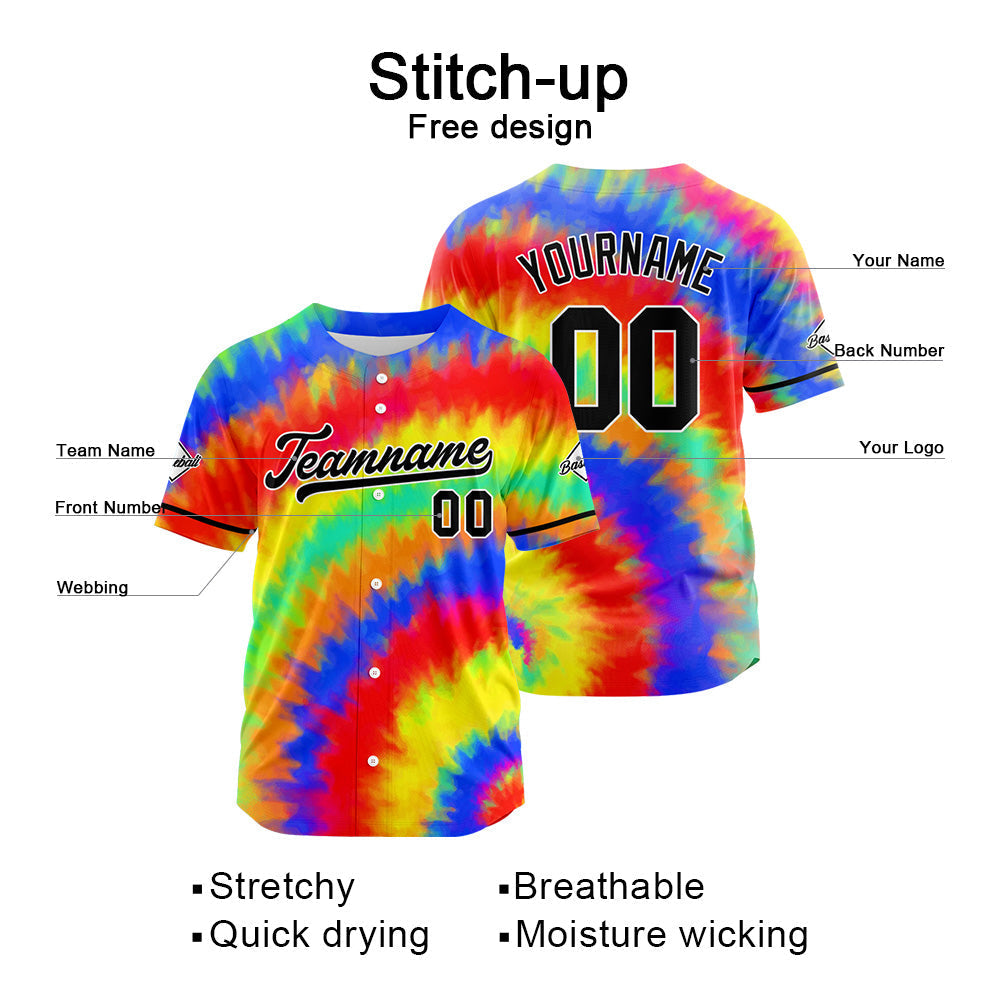 Dise?o personalizado de camiseta de béisbol con estampado completo en azul rojo verde y amarillo