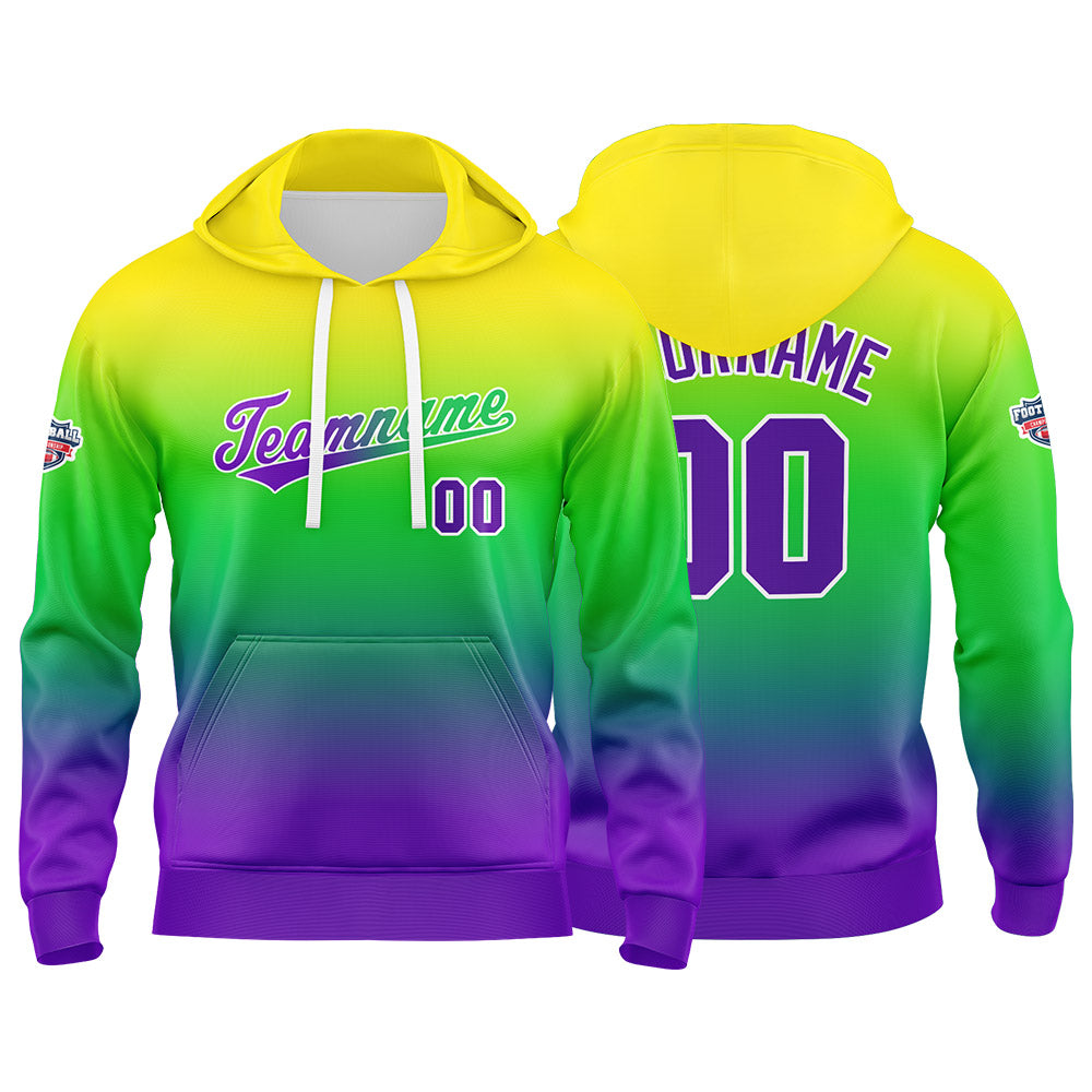 Sudadera con capucha personalizada con degradado para hombre-mujer-niña o niño Estampa tu logotipo-nombre o número en amarillo-verde y azul
