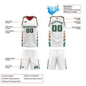 Traje de baloncesto reversible personalizado blanco-naranja y verde para adultos y niños